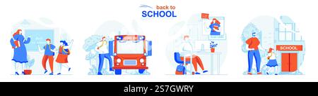 Back to school concept set. Pupils study in lessons at class, e-learning at home. People isolated scenes in flat design. Vector illustration for blogging, website, mobile app, promotional materials. Stock Vector