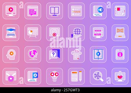 Online education web glassmorphic icons set. Pack outline pictograms of webinar or video lessons, e-book at library, learning, science research, graduation diploma and other. Vector line glass symbols Stock Vector