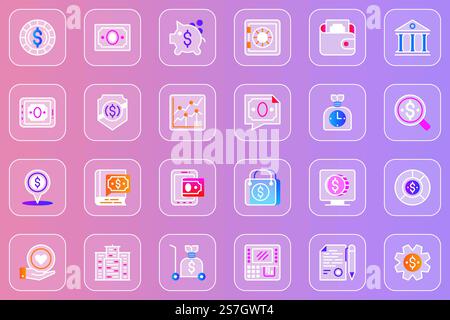 Financial items web glassmorphic icons set. Pack outline pictograms of money and coin, piggy bank, wallet, savings, profit growth, shopping, commerce, charity and other. Vector line glass symbols Stock Vector