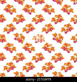 Autumn leaves pattern seamless. Rowan twigs with orange leaves, fall berries branches repeating endless ornate backdrop. Seasonal leafage botanical wallpaper. Vector illustration with floral texture Stock Vector