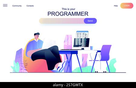 Programmer web concept for landing page. Male developer creates code, develops programs and software, tests applications banner template. Vector illustration for web page in flat cartoon design Stock Vector