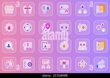 Teamwork web glassmorphic icons set. Pack outline pictograms of success business, team cooperation, target, partnership, collaboration, human resources, investment and other. Vector line glass symbols Stock Vector