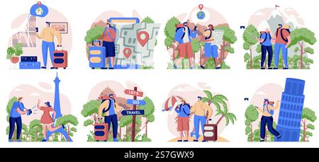 Travelling people collection of scenes isolated. Travelers go on vacation, hiking, resort, sightseeing set in flat design. Vector illustration for blogging, website, mobile app, promotional materials. Stock Vector