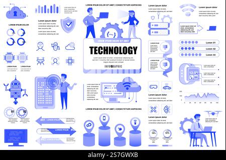 Bundle new technologies infographic UI, UX, KIT elements. Different charts, diagrams, it service, cloud technology, artificial intelligence design template. Vector info graphic and infographics set. Stock Vector
