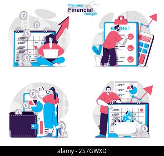 Planning financial budget concept set. Business accounting and savings at family. People isolated scenes in flat design. Vector illustration for blogging, website, mobile app, promotional materials. Stock Vector