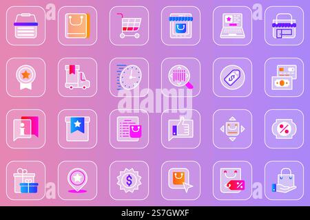 Online shopping web glassmorphic icons set. Pack outline pictograms of shop bag or cart, fast delivery order, money cash, gift for customer, discount sale, payment and other. Vector line glass symbols Stock Vector