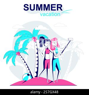 Summer vacation isolated cartoon concept. Happy women take selfie on sea beach, resting people scene in flat design. Vector illustration for blogging, website, mobile app, promotional materials. Stock Vector