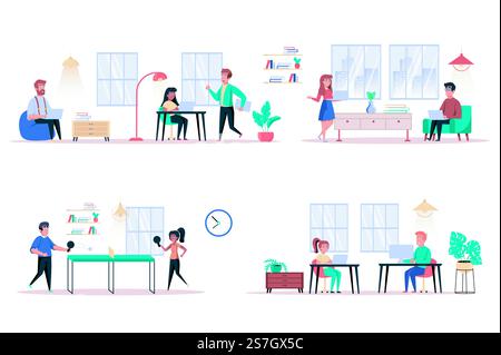 Coworking center isolated elements set. Bundle of colleagues work together, meetings, complete tasks, work on laptops, playing table tennis. Creator kit for vector illustration in flat cartoon design Stock Vector
