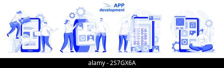 App development isolated set in flat design. People program and develop software for mobile phone collection of scenes. Vector illustration for blogging, website, mobile app, promotional materials. Stock Vector