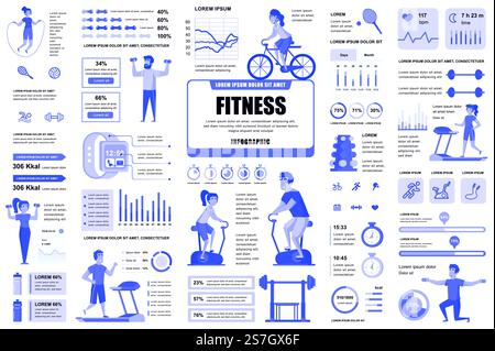 Bundle fitness and sports infographic UI, UX, KIT elements. Different charts, diagrams, workflow, fitness equipment, gym, cardio workout design template. Vector info graphic and infographics set. Stock Vector
