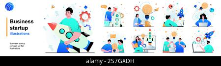 Business startup isolated set. Successful development of new business idea. People collection of scenes in flat design. Vector illustration for blogging, website, mobile app, promotional materials. Stock Vector