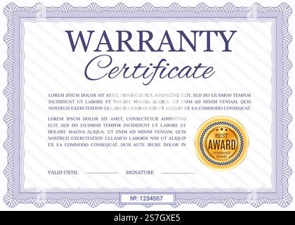 Warranty certificate vector template, diploma with wavy ornamental border. Official best award frame, paper document for company appreciation with golden stamp and place for valid date and signature. Warranty certificate vector template, diploma Stock Vector