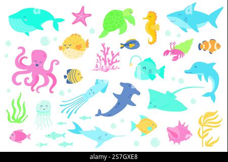 Underwater animal and fishes isolated objects set. Collection of whale, starfish, turtle, seahorse, shark, octopus, jellyfish, dolphin, coral. Vector illustration of design elements in flat cartoon Stock Vector