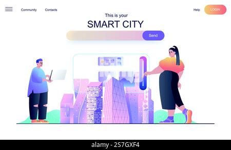 Smart city web concept for landing page. Man and woman use dashboard to control and manage homes and futuristic infrastructure banner template. Vector illustration for web page in flat cartoon design Stock Vector