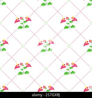 Summer flowers and leaves pattern seamless. Red calla lilies in linear geometric tiles repeating endless ornate backdrop. Blooming bouquets botanical wallpaper. Vector illustration with floral texture Stock Vector