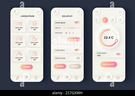 Smart Home unique neomorphic design kit. Online remote home control, monitoring and management, house systems automatization. UI UX templates set. Vector illustration of GUI for responsive mobile app. Stock Vector