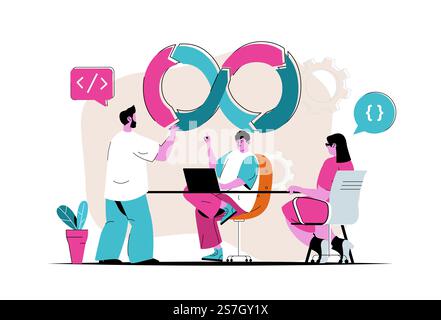 DevOps concept isolated. Software development in team, processes organization. People scene in flat cartoon design. Vector illustration for blogging, website, mobile app, promotional materials. Stock Vector