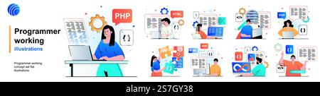 Programmer working isolated set. Devops, coding, programming software testing. People collection of scenes in flat design. Vector illustration for blogging, website, mobile app, promotional materials. Stock Vector