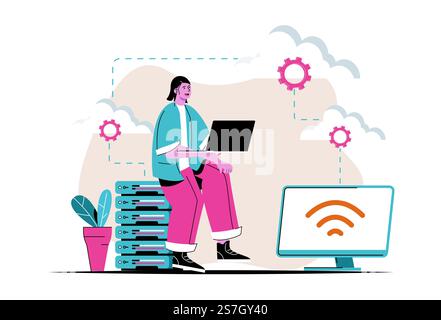 Cloud computing concept isolated. Wireless cloud technology, storage, connection. People scene in flat cartoon design. Vector illustration for blogging, website, mobile app, promotional materials. Stock Vector