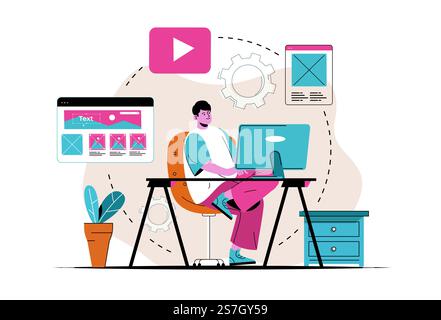 Content manager concept isolated. Creation of content for filling site layout. People scene in flat cartoon design. Vector illustration for blogging, website, mobile app, promotional materials. Stock Vector
