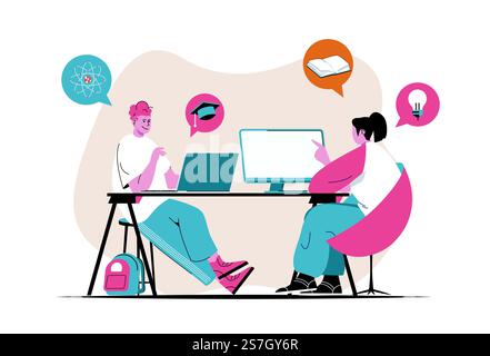 Distance learning concept isolated. Online education, video lectures and e-libraries. People scene in flat cartoon design. Vector illustration for blogging, website, mobile app, promotional materials. Stock Vector