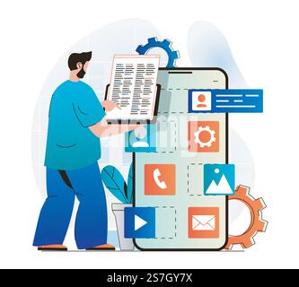 App development concept in modern flat design. Woman developer works on ...
