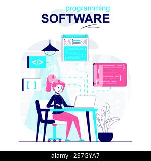 Programming software isolated cartoon concept. Developer writes and optimizes code project, people scene in flat design. Vector illustration for blogging, website, mobile app, promotional materials. Stock Vector