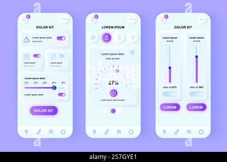 Smart Home unique neomorphic design kit. Internet of things technology of home automation system. Remote control of house UI UX templates set. Vector illustration of GUI for responsive mobile app. Stock Vector