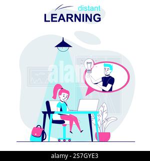 Distant learning isolated cartoon concept. Student studies at home using using video lessons people scene in flat design. Vector illustration for blogging, website, mobile app, promotional materials. Stock Vector