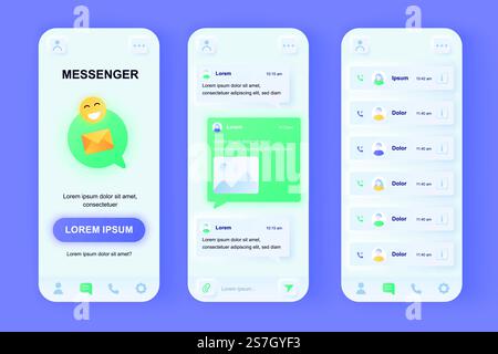 Online messenger unique neomorphic design kit. Social network messenger communication service screens, live chat boxes. UI UX templates set. Vector illustration of GUI for responsive mobile app. Stock Vector