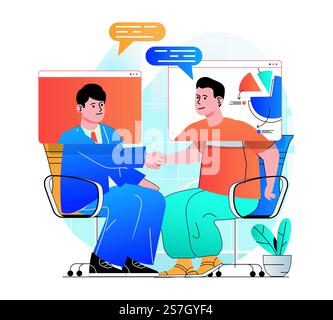 Video conference concept in modern flat design. Men communicate remotely using video call at screens. Employees discussing tasks and virtually shaking hands at online meeting. Vector illustration Stock Vector