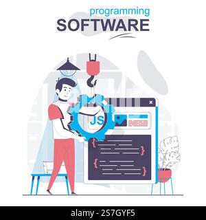 Programming software isolated cartoon concept. Programmer configures program, writes code, people scene in flat design. Vector illustration for blogging, website, mobile app, promotional materials. Stock Vector