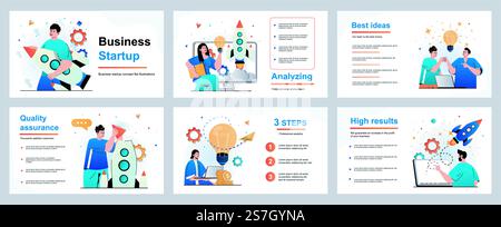Business startup concept for presentation slide template. Businessman and businesswoman create and launch new projects, development, innovation and investment. Vector illustration for layout design Stock Vector