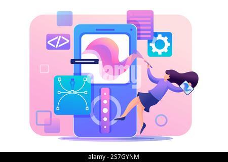 Girl designer is engaged in the design of the application design, the development of graphic design menu. Flat 2D character. Concept for web design.. Girl designer is engaged in the design of the application design, the development of graphic design menu. Flat 2D character. Concept for web design Stock Vector