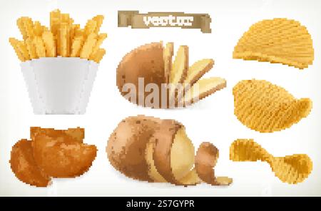 Potato, wedges and fry chips. Vegetable. 3d vector icon set Stock Vector