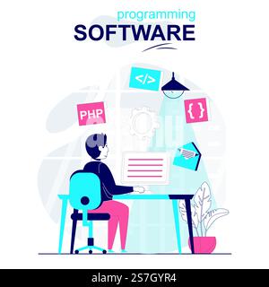 Programming software isolated cartoon concept. Developer programs in php language at computer people scene in flat design. Vector illustration for blogging, website, mobile app, promotional materials. Stock Vector