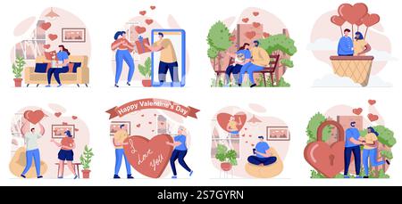 Valentines day collection of scenes isolated. People go on romantic dates, love and relationships, set in flat design. Vector illustration for blogging, website, mobile app, promotional materials. Stock Vector