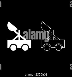 Catapult medieval siege ejection seat set icon white color vector illustration image simple solid fill outline contour line thin flat style. Catapult medieval siege ejection seat set icon white color vector illustration image solid fill outline contour line thin flat style Stock Vector