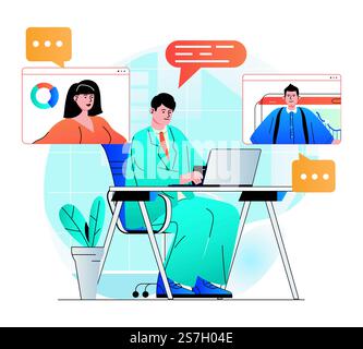 Video conference concept in modern flat design. Colleagues communicate remotely using group video call at different screens. Employees discussing tasks at online business meeting. Vector illustration Stock Vector