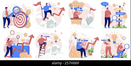 Searching for opportunities collection of scenes isolated. People looking new projects and business, set in flat design. Vector illustration for blogging, website, mobile app, promotional materials. Stock Vector