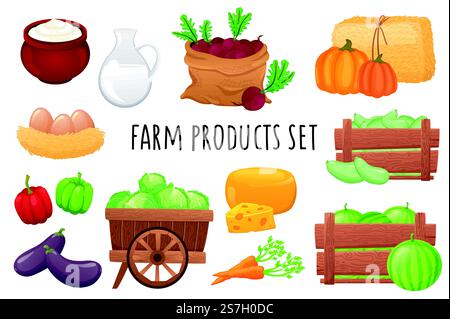 Farm products icon set in realistic 3d design. Bundle of milk, cheese, eggs, watermelons, various types of vegetables. Agriculture market collection. Vector illustration isolated on white background Stock Vector