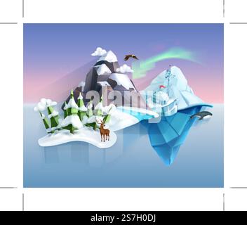 Polar nature, winter wonderland, low poly style landscape, vector infographic Stock Vector