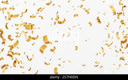 Vector illustration defocused gold confetti isolated on a transparent background. EPS 10. Vector abstract background with many falling tiny confetti pieces. Vector illustration defocused gold confetti isolated on a transparent background. Stock Vector