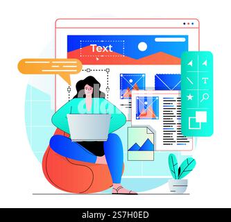 Web design concept in modern flat design. Woman designer create and optimize graphic elements, programming and testing. Developer creates interface layout, working at laptop. Vector illustration Stock Vector