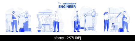 Construction engineer isolated set in flat design. People draw blueprint, work on construction site, collection of scenes. Vector illustration for blogging, website, mobile app, promotional materials. Stock Vector