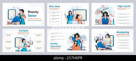 Beauty salon concept for presentation slide template. Hairdresser making hair coloring, makeup, haircuts, professional cosmetic procedures in female salon. Vector illustration for layout design Stock Vector