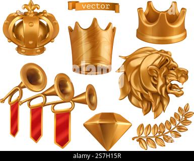 Gold crown of the king. Laurel wreath, fanfare, lion. 3d vector realistic icon set Stock Vector