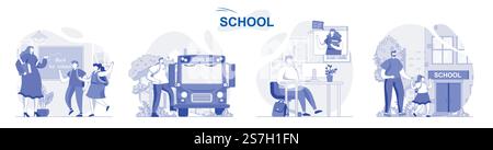 School isolated set in flat design. People get education, pupils and students learning at lessons collection of scenes. Vector illustration for blogging, website, mobile app, promotional materials. Stock Vector