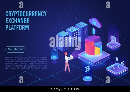 Cryptocurrency exchange platform dark ultraviolet light landing page vector template. Bitcoin financial transactions, e billing service website. Crypto mining, blockchain 3d concept. Crypto currency market. Cryptocurrency exchange platform dark neon light landing page Stock Vector