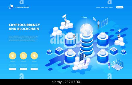 Cryptocurrency and blockchain isometric composition with people, analysts and managers working on crypto start up. Isometric vector illustration. Stock Vector
